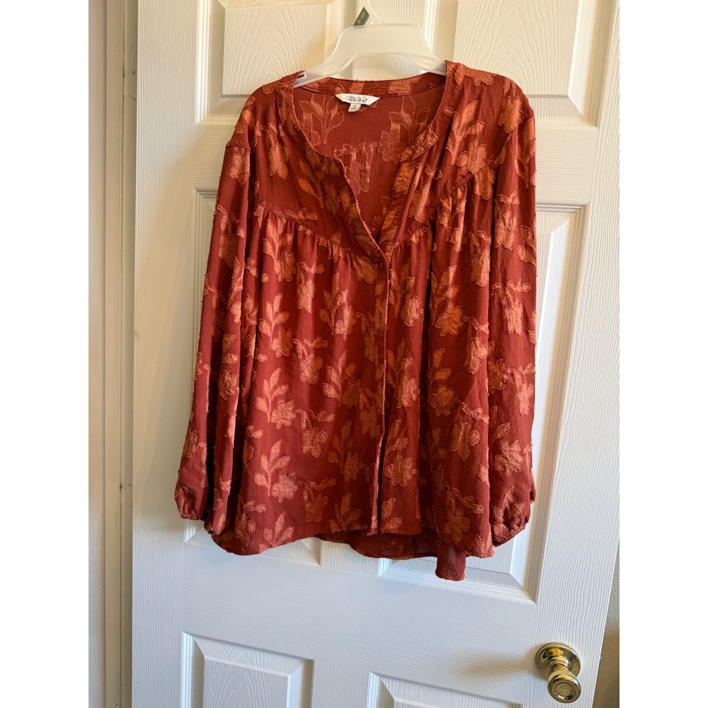 Pioneer Woman Rust Orange Floral Jacquard Button Front Blouse 2X 73980418PW